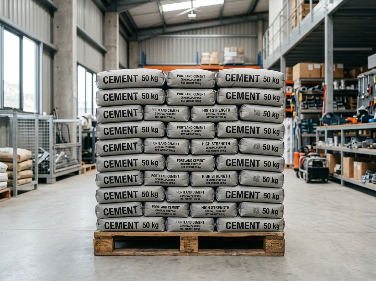 Stack of 50 kg OPC 53 cement bags on a pallet