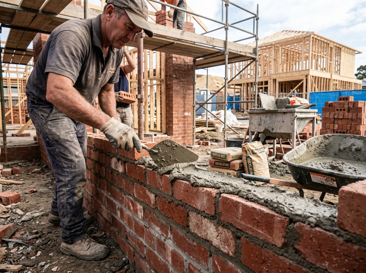Brickwork and plastering in progress with PPC cement mortar