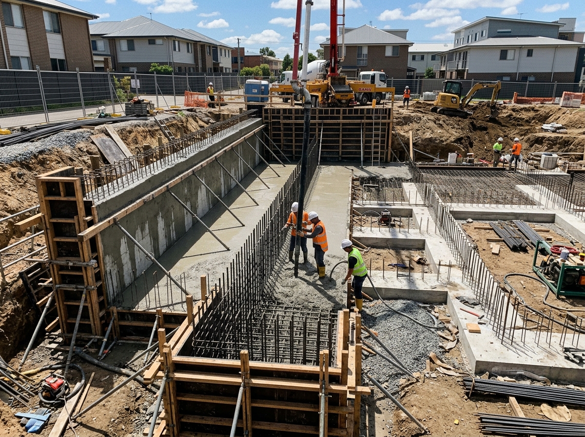 Foundation and basement concrete casting site